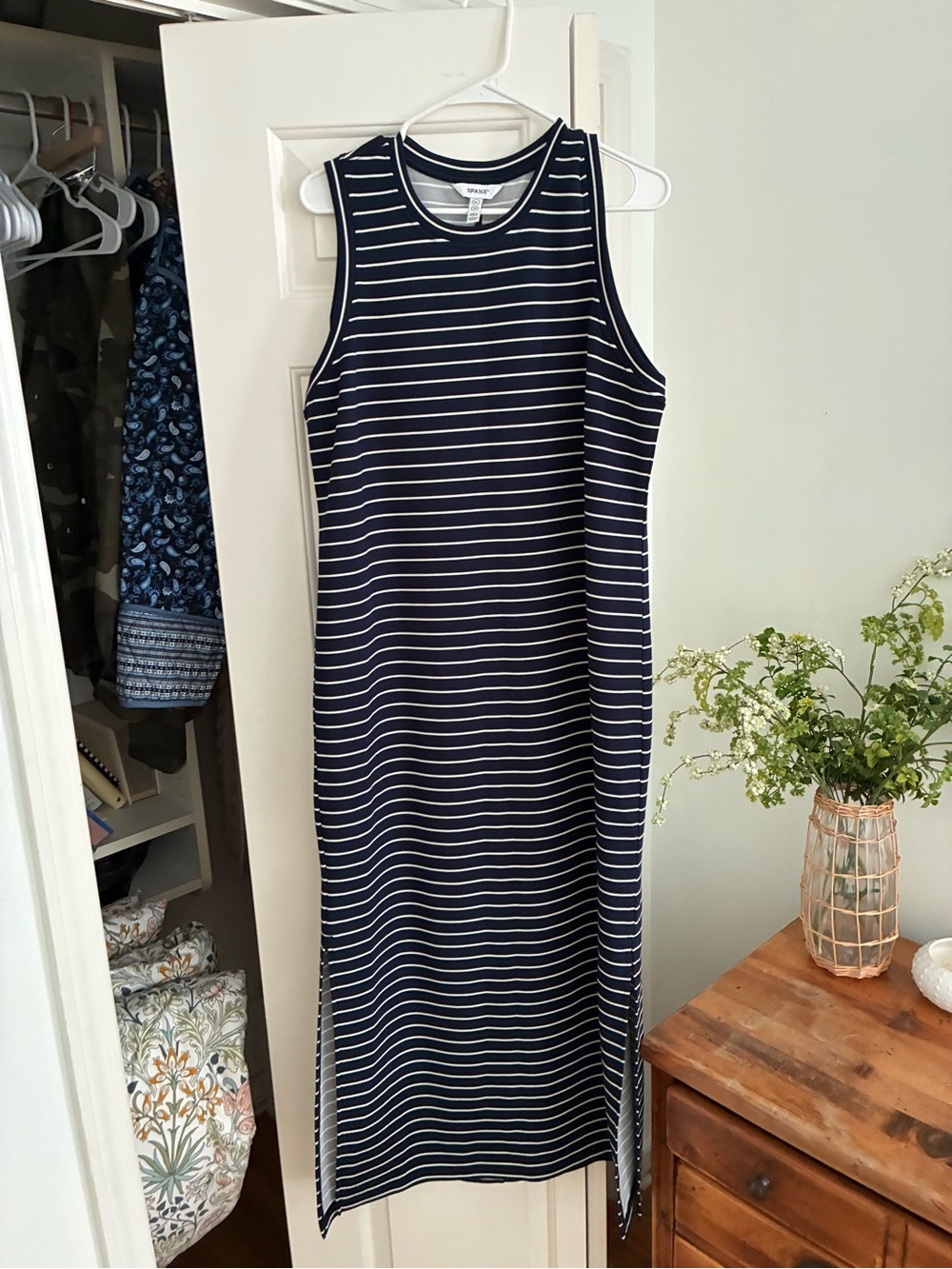 SPANX Navy and White Striped Maxi Dress